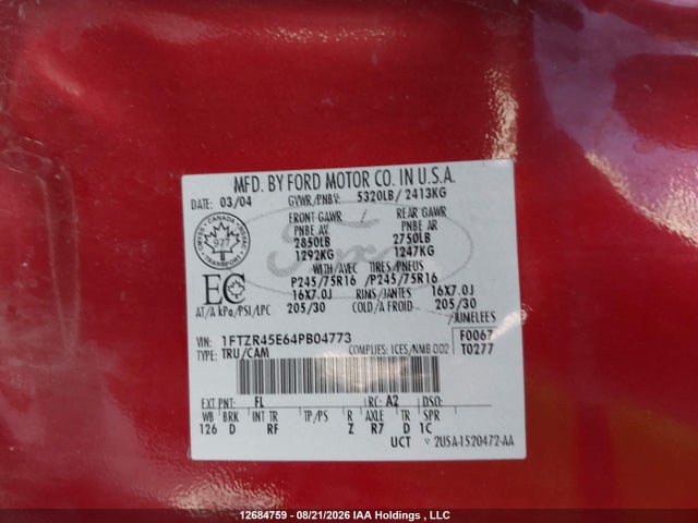 Продажа на аукционе авто 2004 Ford Ranger Edge/tremor/xlt, vin: 1FTZR45E64PB04773, номер лота: 12684759