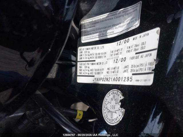 Продаж на аукціоні авто 2001 Yamaha Xv16 A/s, vin: JYAVP02N21A001295, номер лоту: 12684767
