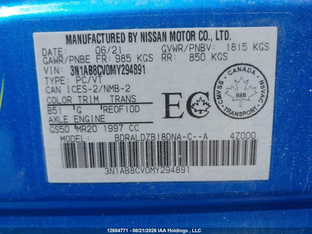 3N1AB8CV0MY294891 Nissan SENTRA SV