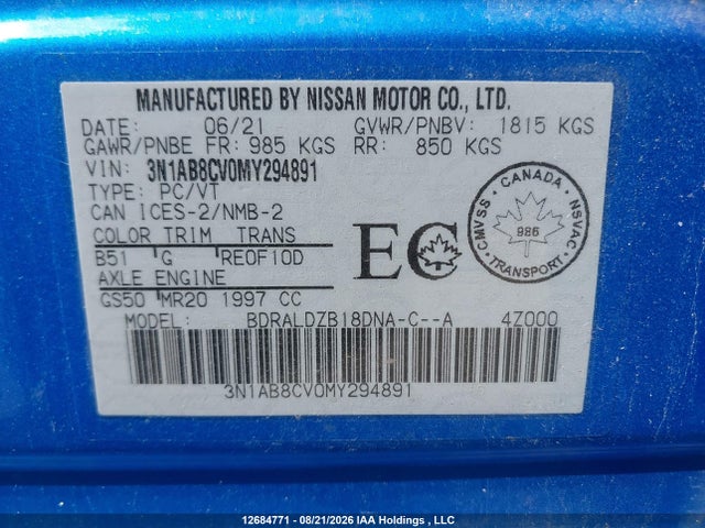 3N1AB8CV0MY294891 Nissan SENTRA SV
