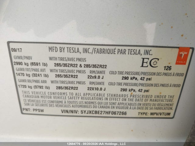 Tesla MODEL X 2017 5YJXCBE27HF067266 Image 9