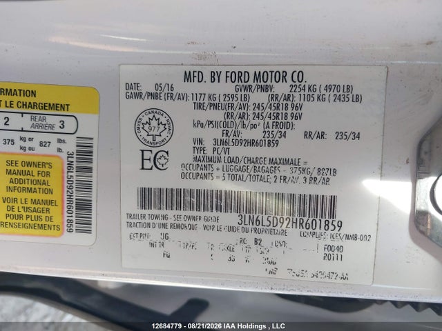 12684779 :رقم المزاد ، 3LN6L5D92HR601859 vin ، 2017 Lincoln Mkz Select مزاد بيع