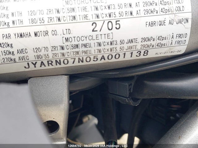 12684782 :رقم المزاد ، JYARN07N05A001138 vin ، 2005 Yamaha Fzs10 مزاد بيع