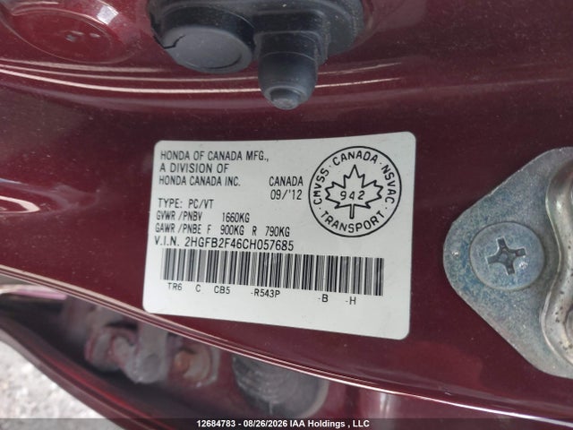 Продаж на аукціоні авто 2012 Honda Civic Lx, vin: 2HGFB2F46CH057685, номер лоту: 12684783
