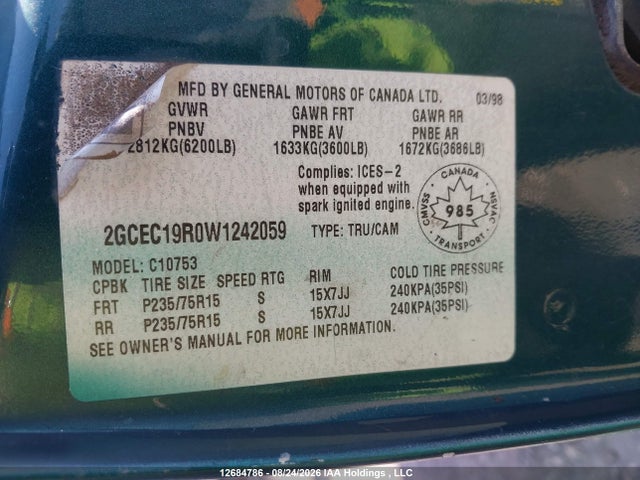 1998 Chevrolet Gmt-400 C1500 მანქანა იყიდება აუქციონზე, vin: 2GCEC19R0W1242059, აუქციონის ნომერი: 12684786
