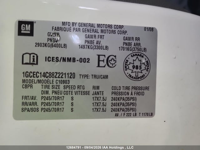 Aukcja sprzedaży 2008 Chevrolet Silverado 1500, vin: 1GCEC14C88Z221120, numer aukcji: 12684791