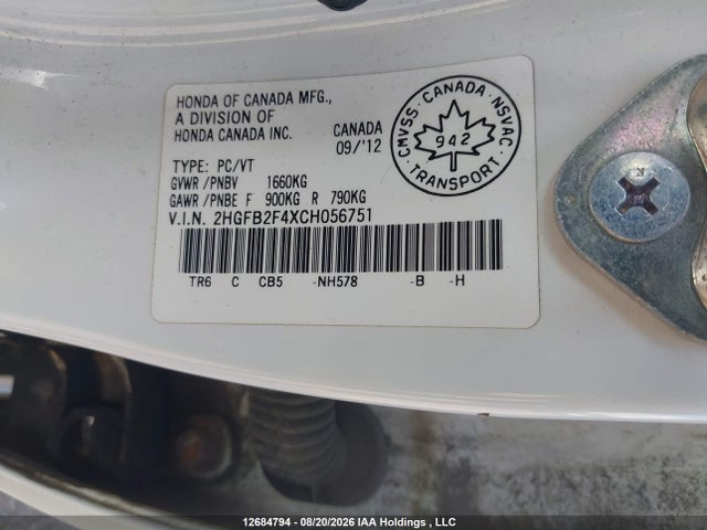 2012 Honda Civic Lx მანქანა იყიდება აუქციონზე, vin: 2HGFB2F4XCH056751, აუქციონის ნომერი: 12684794