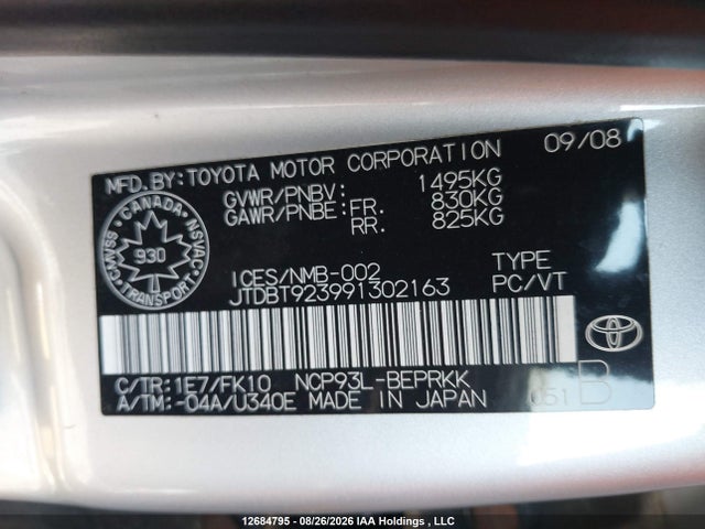 Aukcja sprzedaży 2009 Toyota Yaris, vin: JTDBT923991302163, numer aukcji: 12684795