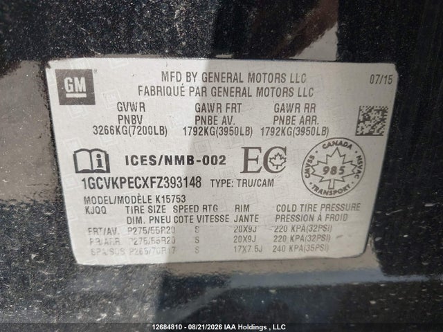 Продажа на аукционе авто 2015 Chevrolet Silverado K1500, vin: 1GCVKPECXFZ393148, номер лота: 12684810