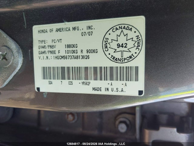 Aukcja sprzedaży 2007 Honda Accord Ex-l/se, vin: 1HGCM56737A813826, numer aukcji: 12684817
