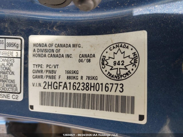 Продаж на аукціоні авто 2008 Honda Civic Dx/dx-a, vin: 2HGFA16238H016773, номер лоту: 12684821