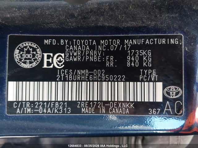 2T1BURHE6HC950222 Toyota COROLLA LE