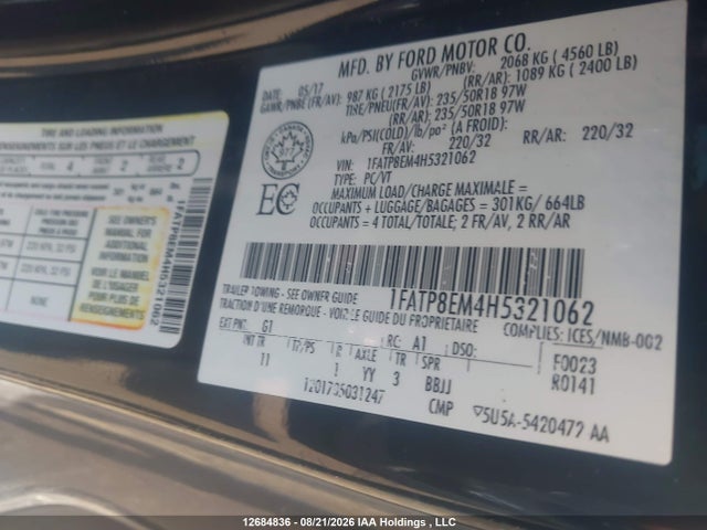 Продаж на аукціоні авто 2017 Ford Mustang, vin: 1FATP8EM4H5321062, номер лоту: 12684836