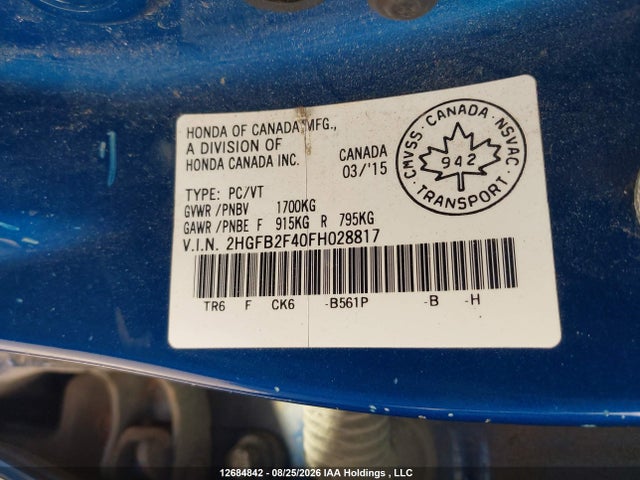 Honda Civic Lx 2015 2HGFB2F40FH028817 Image 9