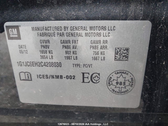 Продаж на аукціоні авто 2012 Chevrolet Sonic Lt, vin: 1G1JC6EH2C4208030, номер лоту: 12676023