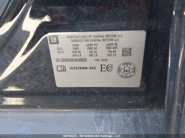 Продаж на аукціоні авто 2012 Chevrolet Sonic Lt, vin: 1G1JC6EH2C4208030, номер лоту: 12676023