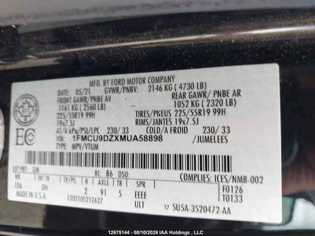 2021 Ford Escape Titanium Hybrid მანქანა იყიდება აუქციონზე, vin: 1FMCU9DZXMUA58898, აუქციონის ნომერი: 12675144