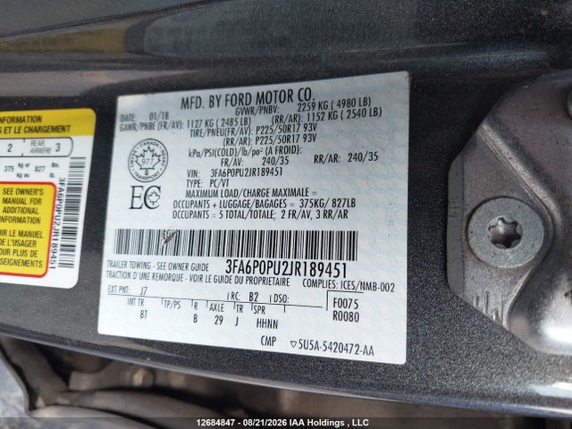12684847 :رقم المزاد ، 3FA6P0PU2JR189451 vin ، 2018 Ford Fusion Se Phev مزاد بيع