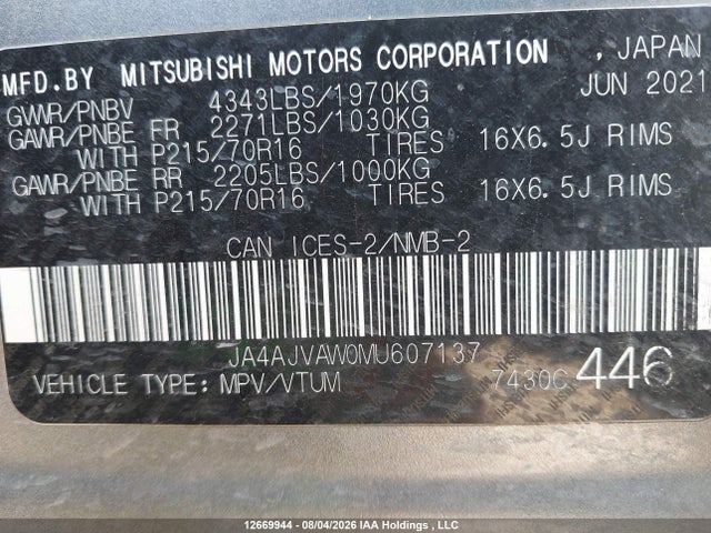 Aukcja sprzedaży 2021 Mitsubishi Rvr Gt/le/se/sel, vin: JA4AJVAW0MU607137, numer aukcji: 12669944