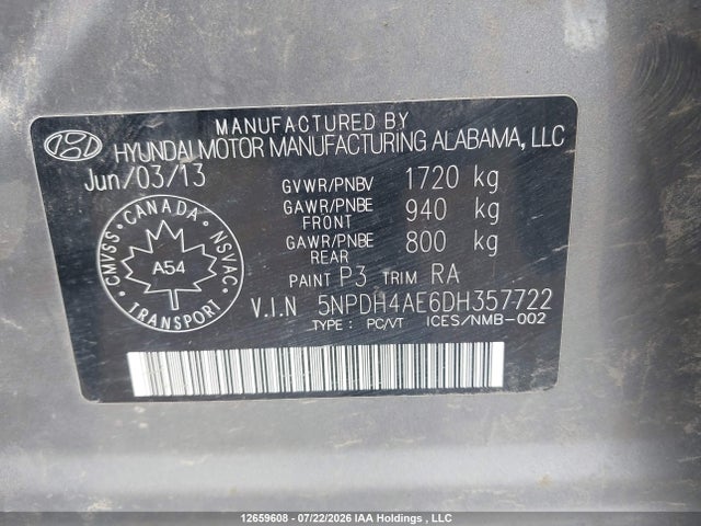 12659608 :رقم المزاد ، 5NPDH4AE6DH357722 vin ، 2013 Hyundai Elantra Gls مزاد بيع