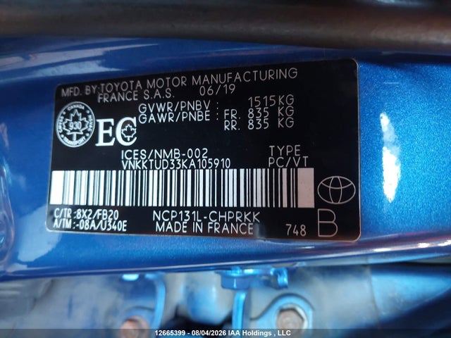VNKKTUD33KA105910 Toyota YARIS LE