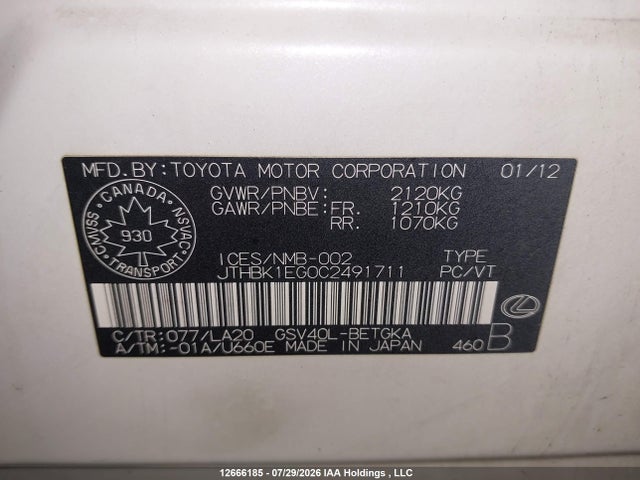 Aukcja sprzedaży 2012 Lexus Es 350 350, vin: JTHBK1EG0C2491711, numer aukcji: 12666185