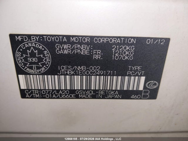 Aukcja sprzedaży 2012 Lexus Es 350 350, vin: JTHBK1EG0C2491711, numer aukcji: 12666185