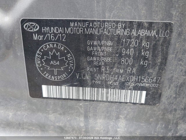 Aukcja sprzedaży 2013 Hyundai Elantra Gl, vin: 5NPDH4AEXDH156647, numer aukcji: 12667573