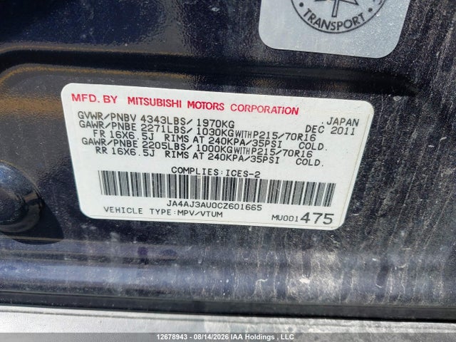 2012 Mitsubishi Rvr Se მანქანა იყიდება აუქციონზე, vin: JA4AJ3AU0CZ601665, აუქციონის ნომერი: 12678943