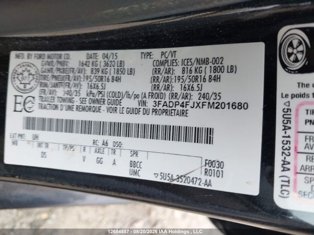 Auction sale of the 2015 Ford Fiesta Titanium, vin: 3FADP4FJXFM201680, lot number: 12684857