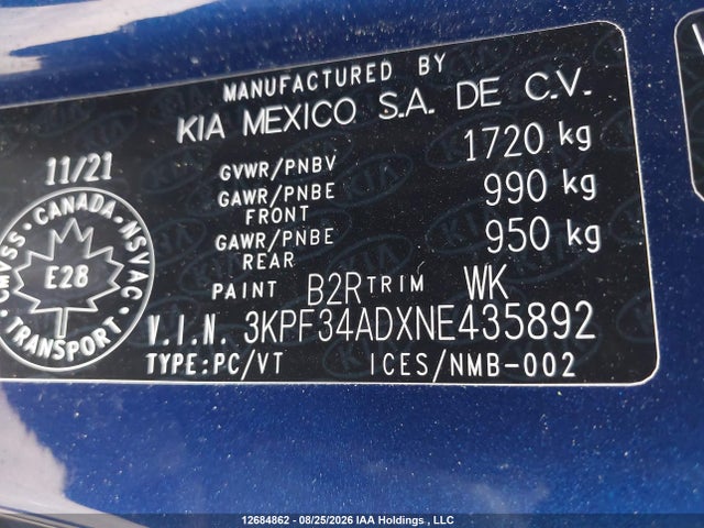 Продажа на аукционе авто 2022 Kia Forte Gt Line, vin: 3KPF34ADXNE435892, номер лота: 12684862