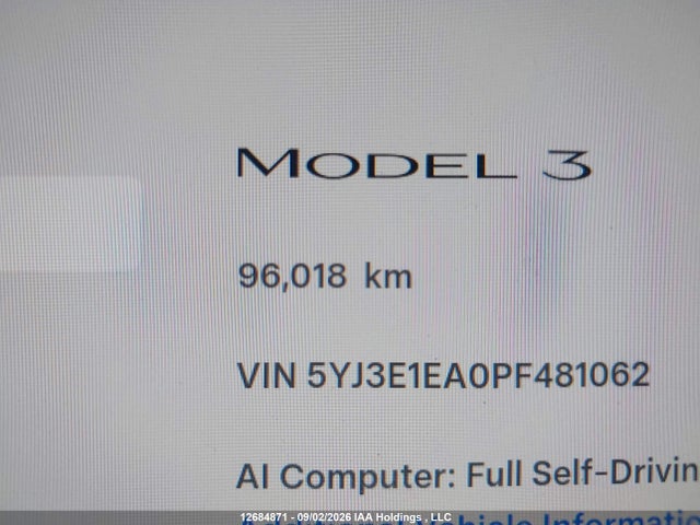 12684871 :رقم المزاد ، 5YJ3E1EA0PF481062 vin ، 2023 Tesla Model 3 Rwd مزاد بيع