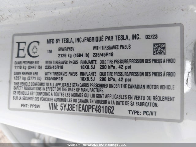 12684871 :رقم المزاد ، 5YJ3E1EA0PF481062 vin ، 2023 Tesla Model 3 Rwd مزاد بيع