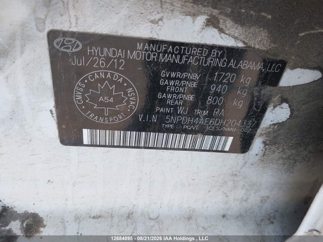 2013 Hyundai Elantra Gls მანქანა იყიდება აუქციონზე, vin: 5NPDH4AE6DH204337, აუქციონის ნომერი: 12684895