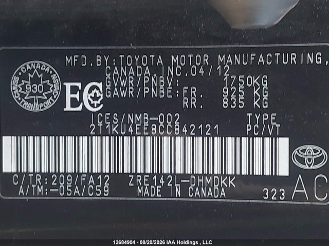 12684904 :رقم المزاد ، 2T1KU4EE8CC842121 vin ، 2012 Toyota Corolla Matrix مزاد بيع