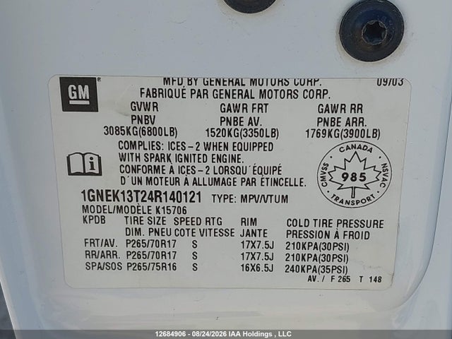 12684906 :رقم المزاد ، 1GNEK13T24R140121 vin ، 2004 Chevrolet Tahoe K1500 مزاد بيع