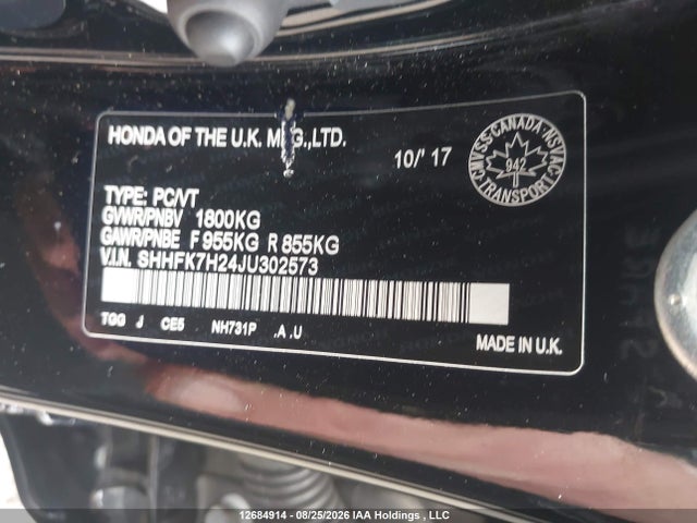 12684914 :رقم المزاد ، SHHFK7H24JU302573 vin ، 2018 Honda Civic Lx مزاد بيع