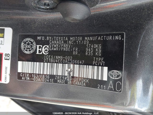 Продажа на аукционе авто 2010 Toyota Corolla Ce, vin: 2T1BU4EE0AC306647, номер лота: 12684920