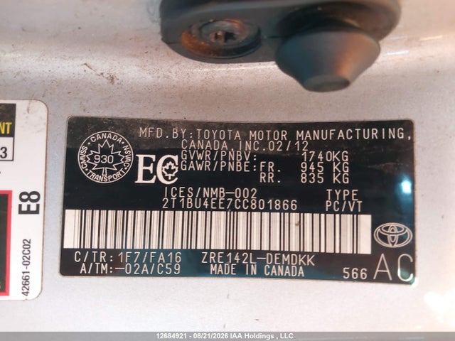 12684921 :رقم المزاد ، 2T1BU4EE7CC801866 vin ، 2012 Toyota Corolla Ce مزاد بيع