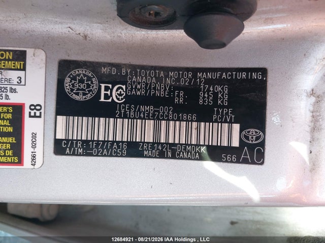 12684921 :رقم المزاد ، 2T1BU4EE7CC801866 vin ، 2012 Toyota Corolla Ce مزاد بيع
