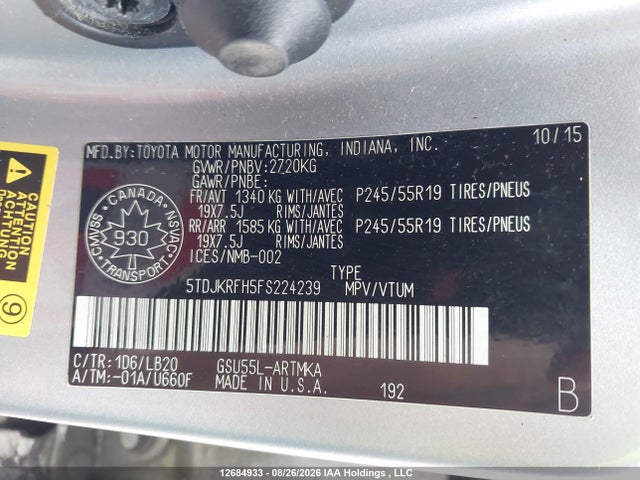 12684933 :رقم المزاد ، 5TDJKRFH5FS224239 vin ، 2015 Toyota Highlander Xle مزاد بيع