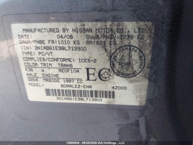 2008 Nissan Sentra 2.0/2.0s/2.0sl მანქანა იყიდება აუქციონზე, vin: 3N1AB61E98L713900, აუქციონის ნომერი: 12684934