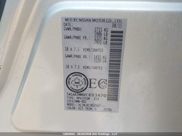 2015 Nissan Pathfinder S/sv/sl/platinum მანქანა იყიდება აუქციონზე, vin: 5N1AR2MM6FC693470, აუქციონის ნომერი: 12684943