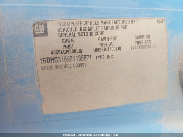 12684944 :رقم المزاد ، 1GDHG316981135871 vin ، 2008 Gmc Savana Cutaway G3500 مزاد بيع