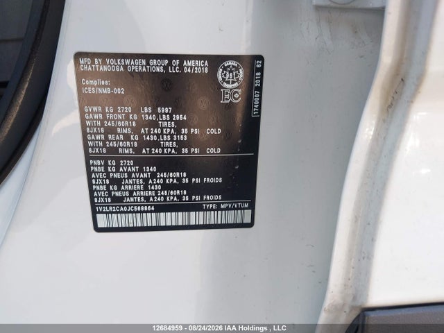 Aukcja sprzedaży 2018 Volkswagen Atlas 3.6 Fsi Comfortline, vin: 1V2LR2CA0JC568864, numer aukcji: 12684959