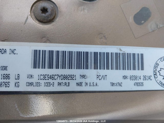 2000 Chrysler Neon Le მანქანა იყიდება აუქციონზე, vin: 1C3ES46C7YD802921, აუქციონის ნომერი: 12684973