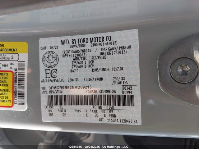 Продажа на аукционе авто 2022 Ford Bronco Sport Big Bend, vin: 3FMCR9B62NRD69213, номер лота: 12684986