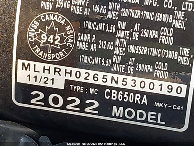Aukcja sprzedaży 2022 Honda Cb650 Ra, vin: MLHRH0265N5300190, numer aukcji: 12684990