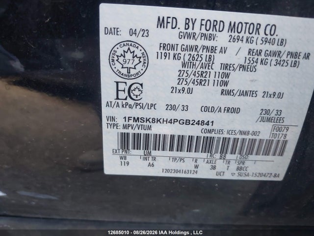 12685010 :رقم المزاد ، 1FMSK8KH4PGB24841 vin ، 2023 Ford Explorer St-line مزاد بيع