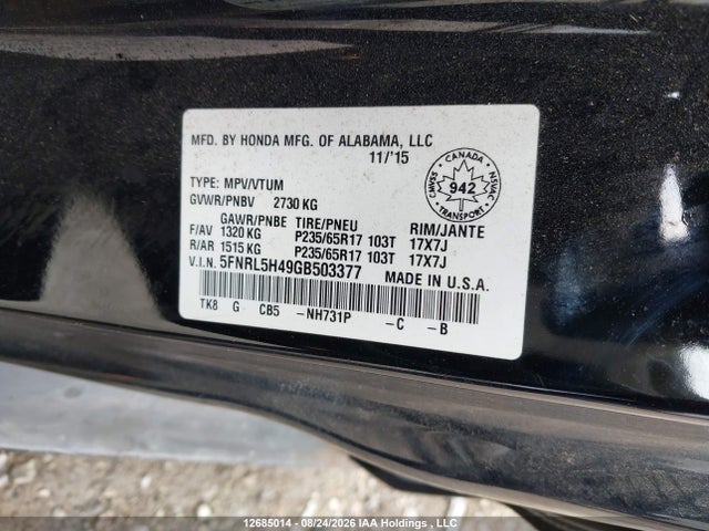 Honda ODYSSEY EX 2016 5FNRL5H49GB503377 Image 9